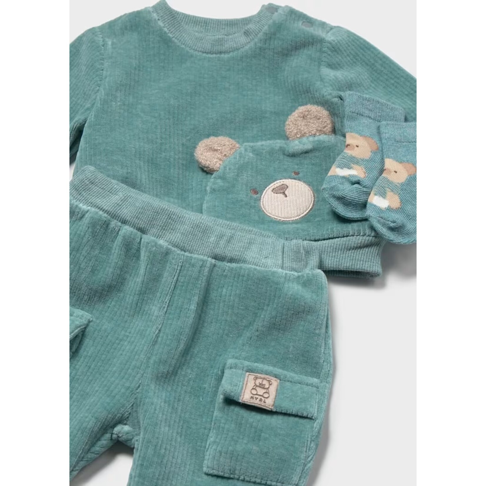 Mayoral MAYORAL - Ensemble trois pièces : Pantalon, chandail et bas côtelés velours -Turquoise avec ourson