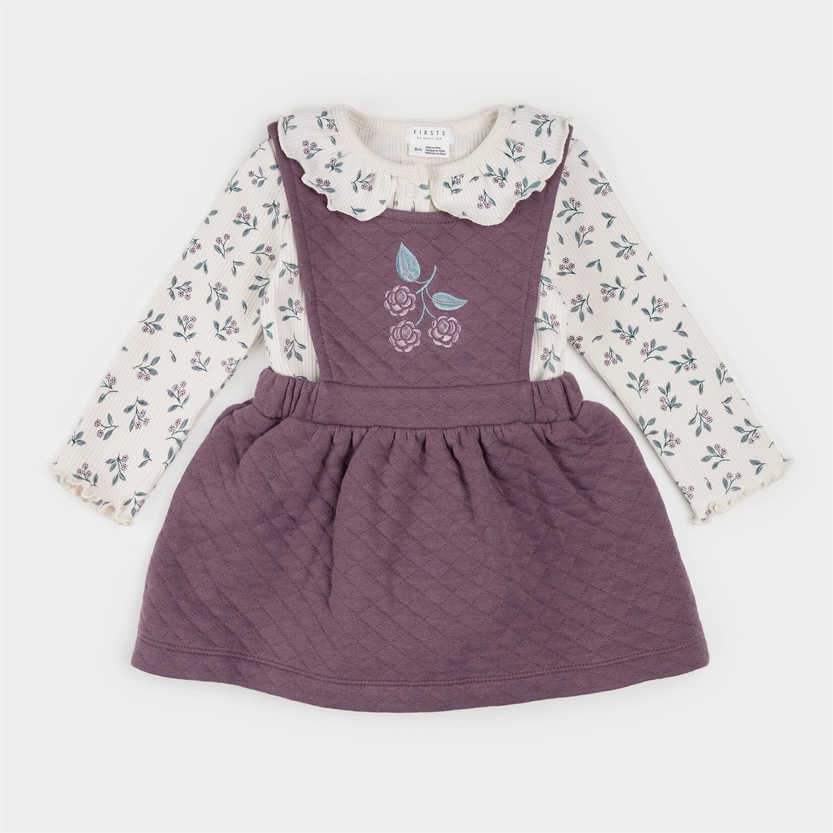 Petit Lem PETIT LEM - Beige onesie and dark mauve quilted overall dress with floral print set