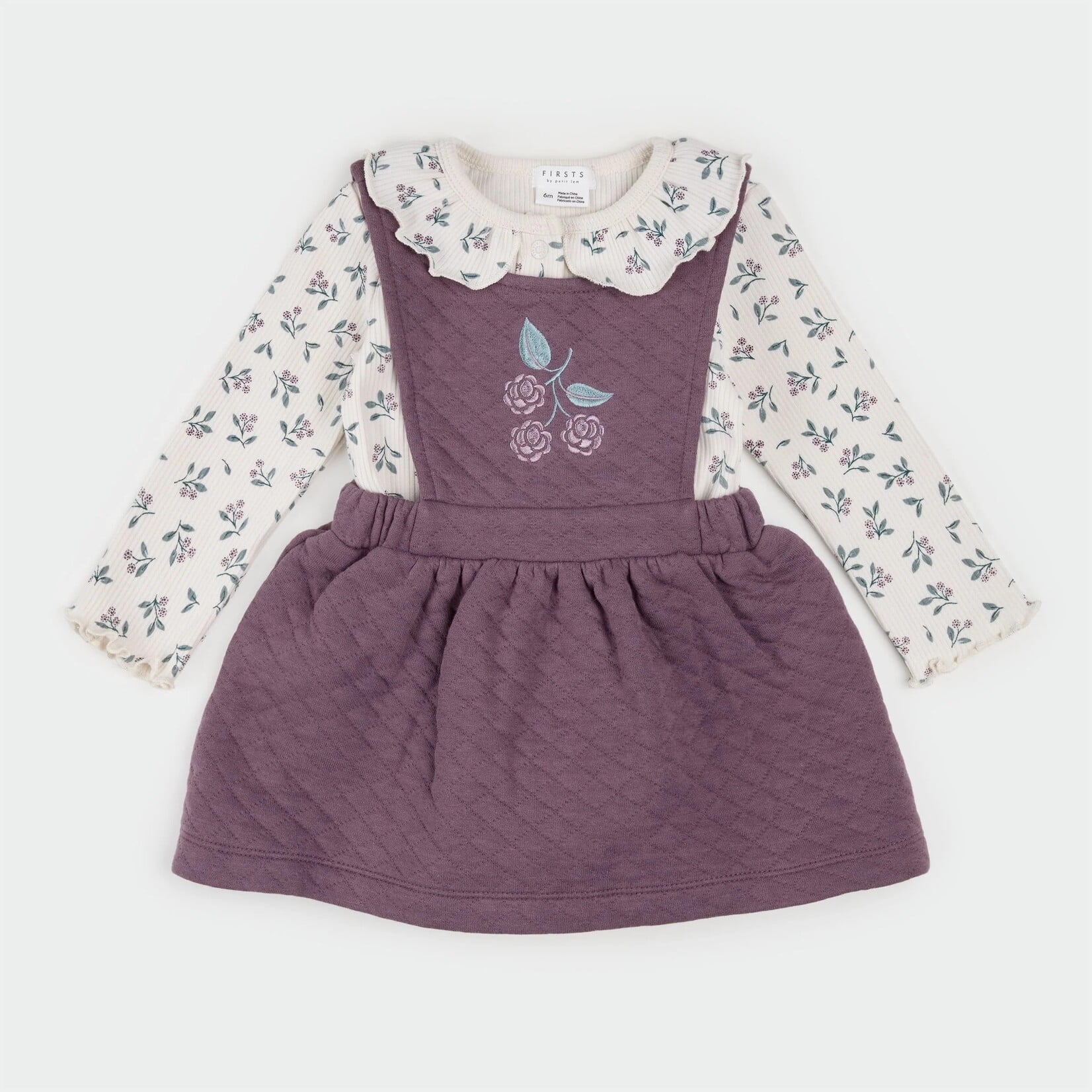Petit Lem PETIT LEM - Ensemble cache-couche beige et robe salopette matelassée mauve foncé à imprimé floral