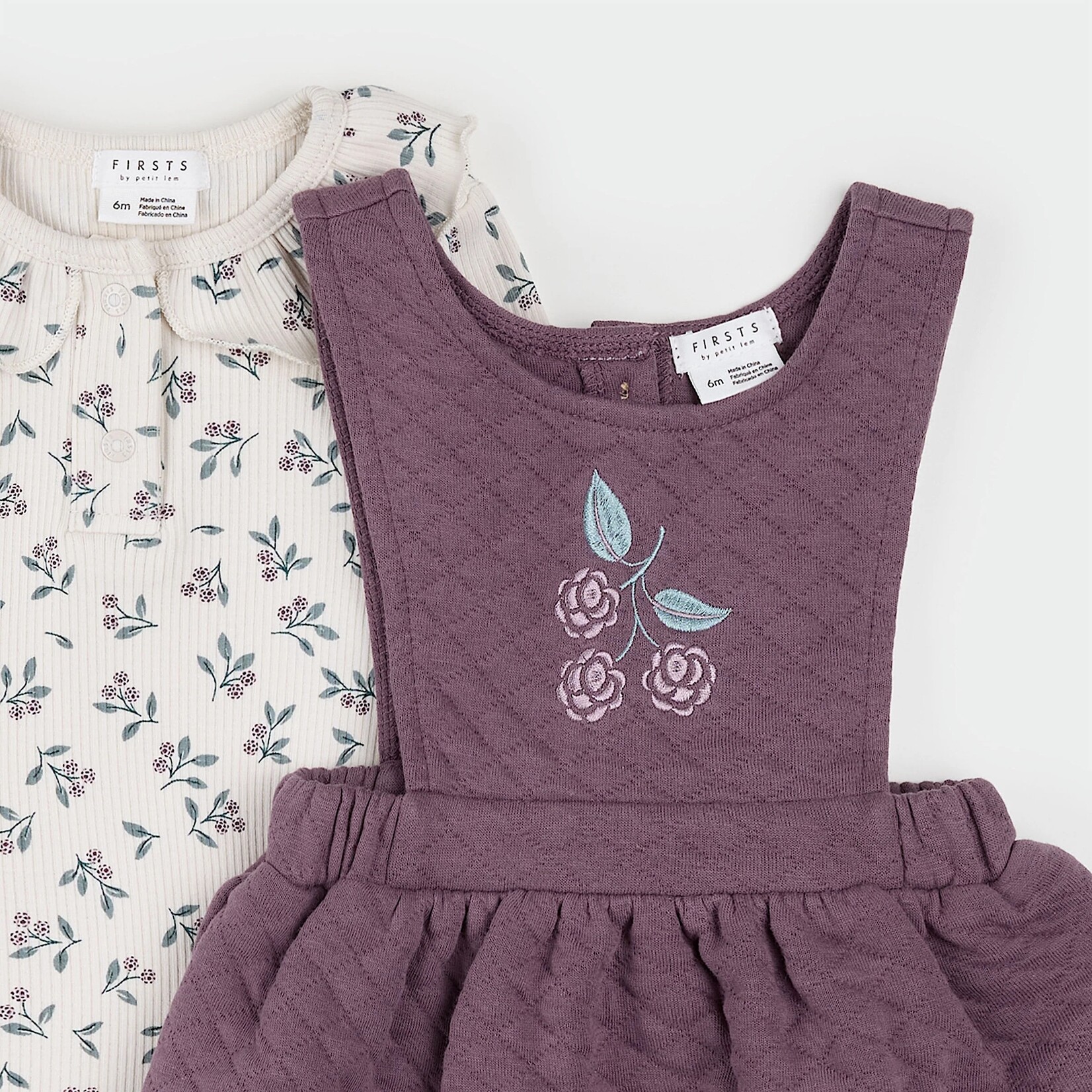 Petit Lem PETIT LEM - Beige onesie and dark mauve quilted overall dress with floral print set