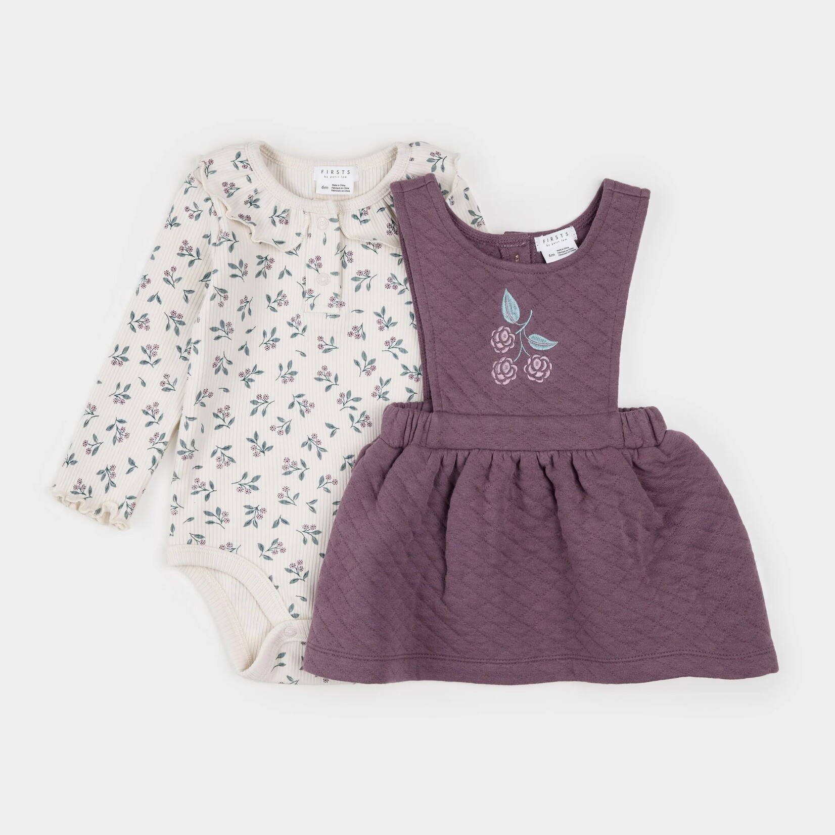 Petit Lem PETIT LEM - Beige onesie and dark mauve quilted overall dress with floral print set