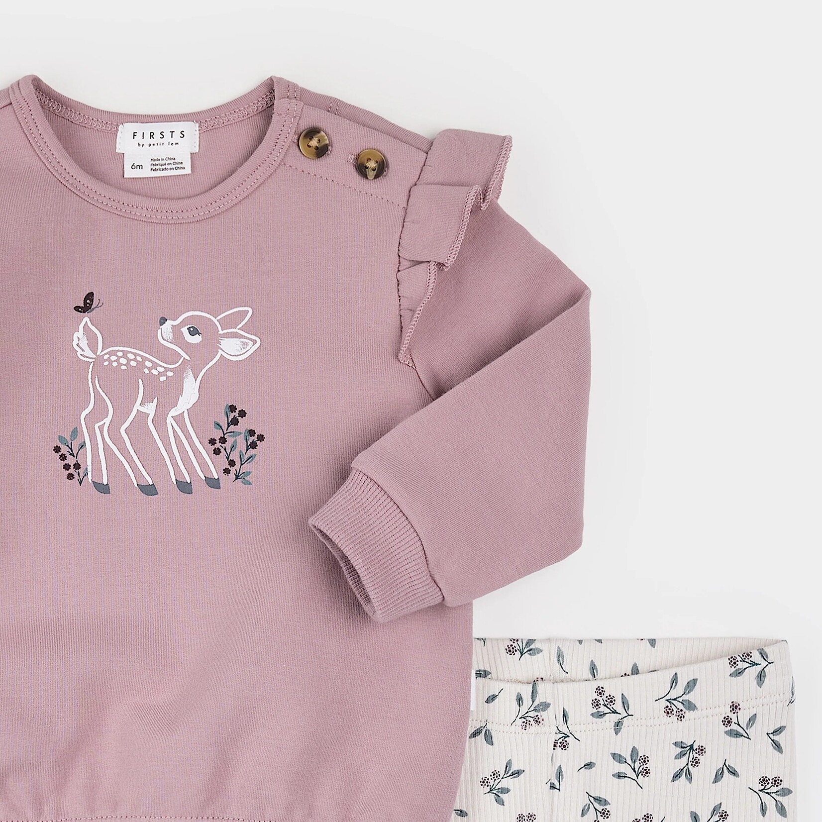 Petit Lem PETIT LEM - Ensemble chandail rose à motif faon et legging beige à imprimé floral