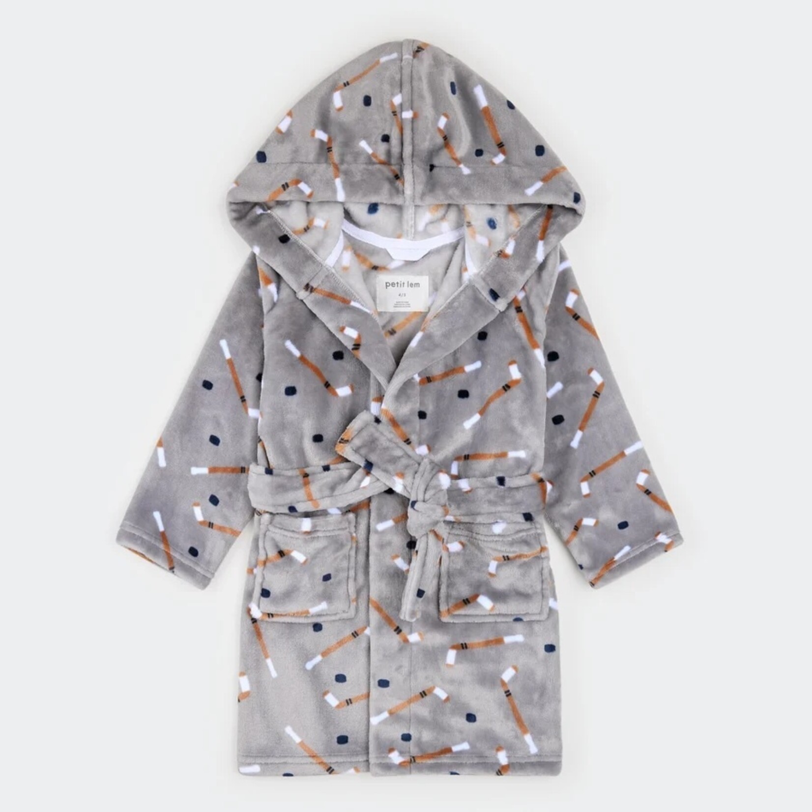 Petit Lem PETIT LEM - Robe de chambre en peluche gris lune à imprimé bâtons de hockey
