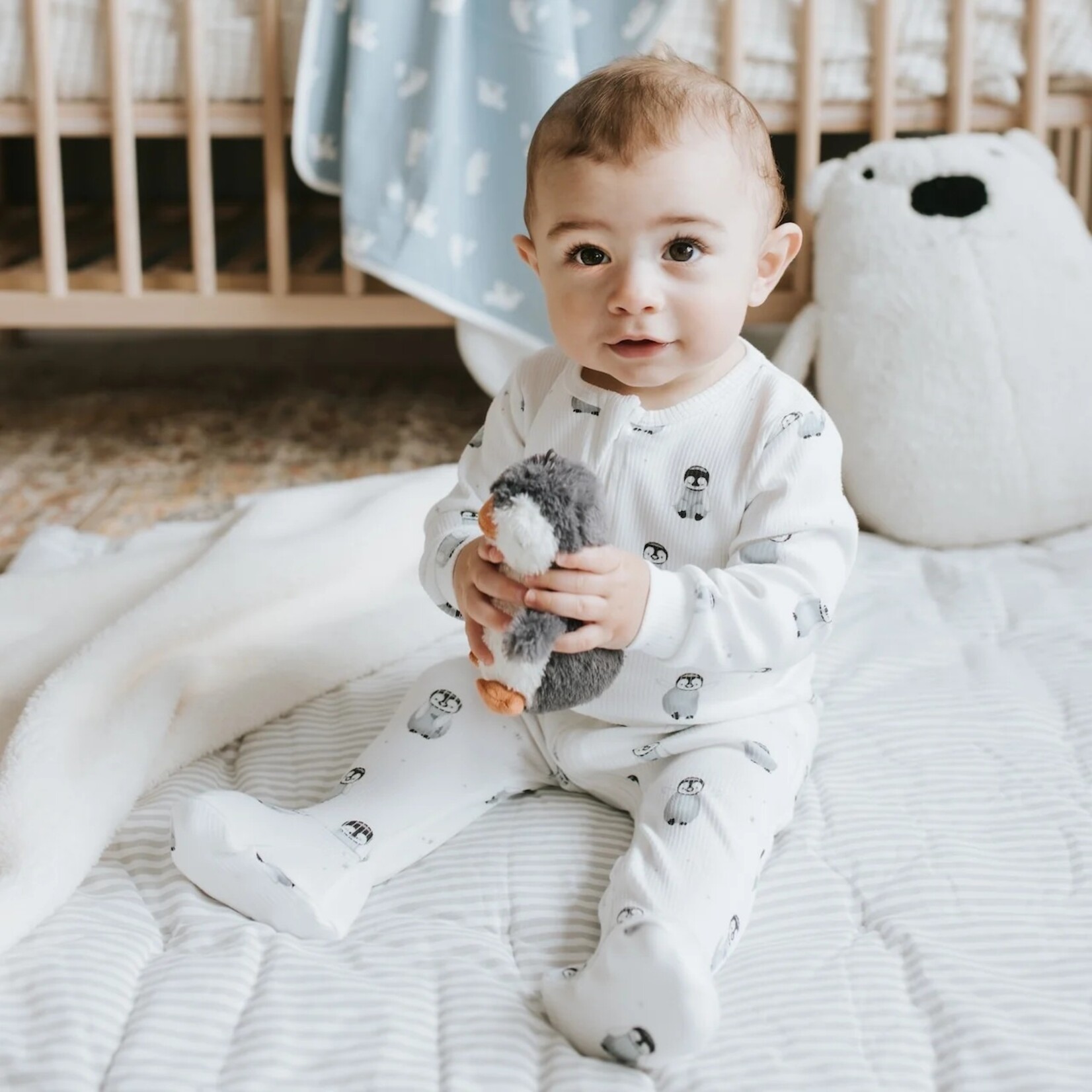 Petit Lem PETIT LEM - Off-white ribbed baby pyjamas with penguin print