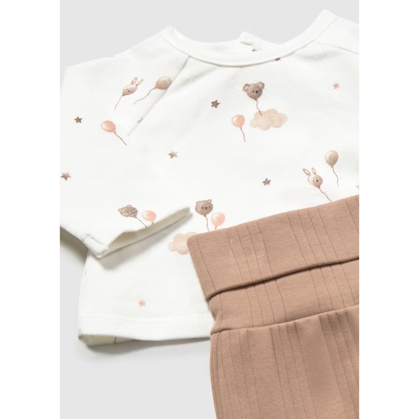 Mayoral MAYORAL - 3-piece set – white long-sleeved T-shirt with balloon print, beige grow-with-me trousers, and beige button-up jacket