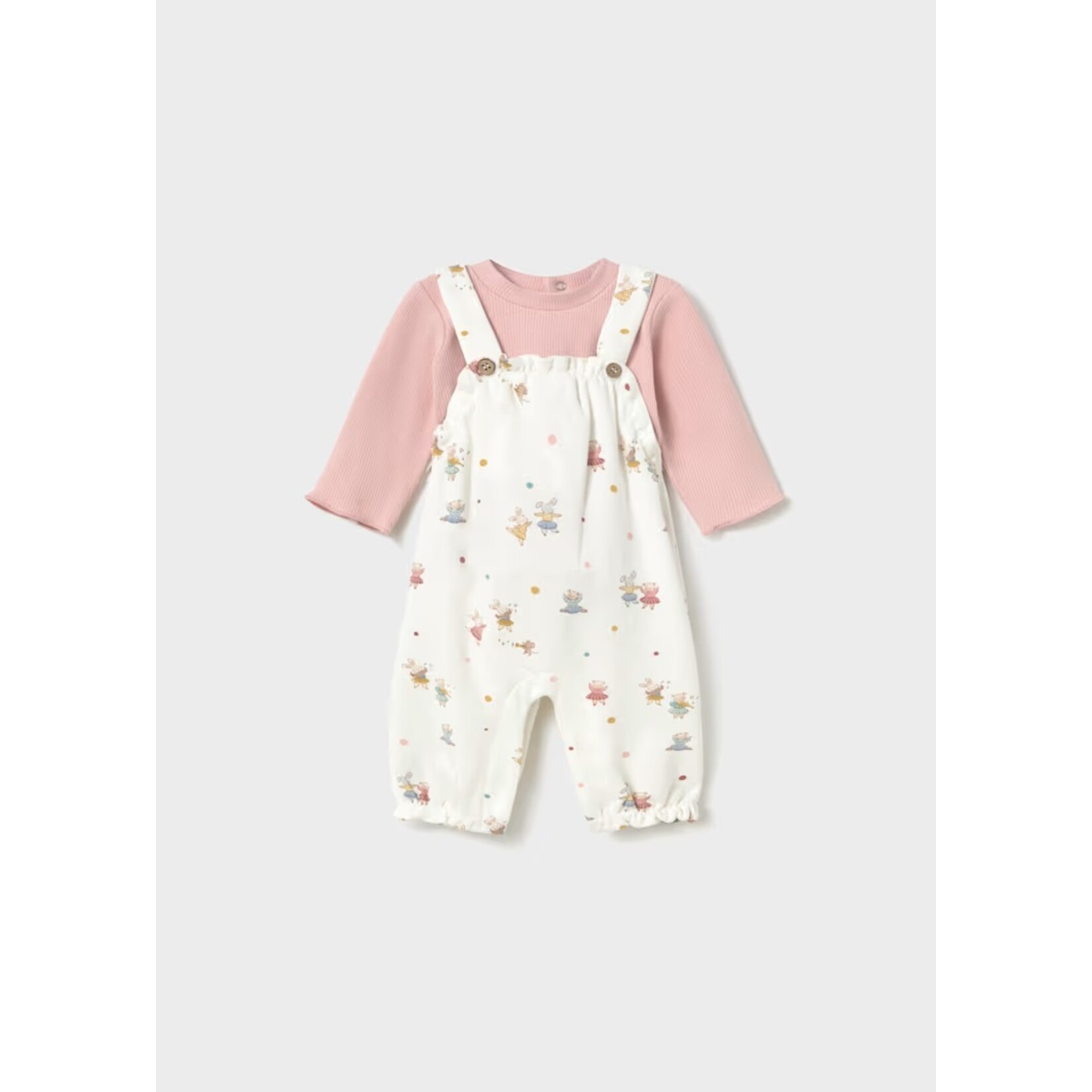 Mayoral MAYORAL - 2-piece set: White overalls with musical animal patterns and a pale pink T-shirt