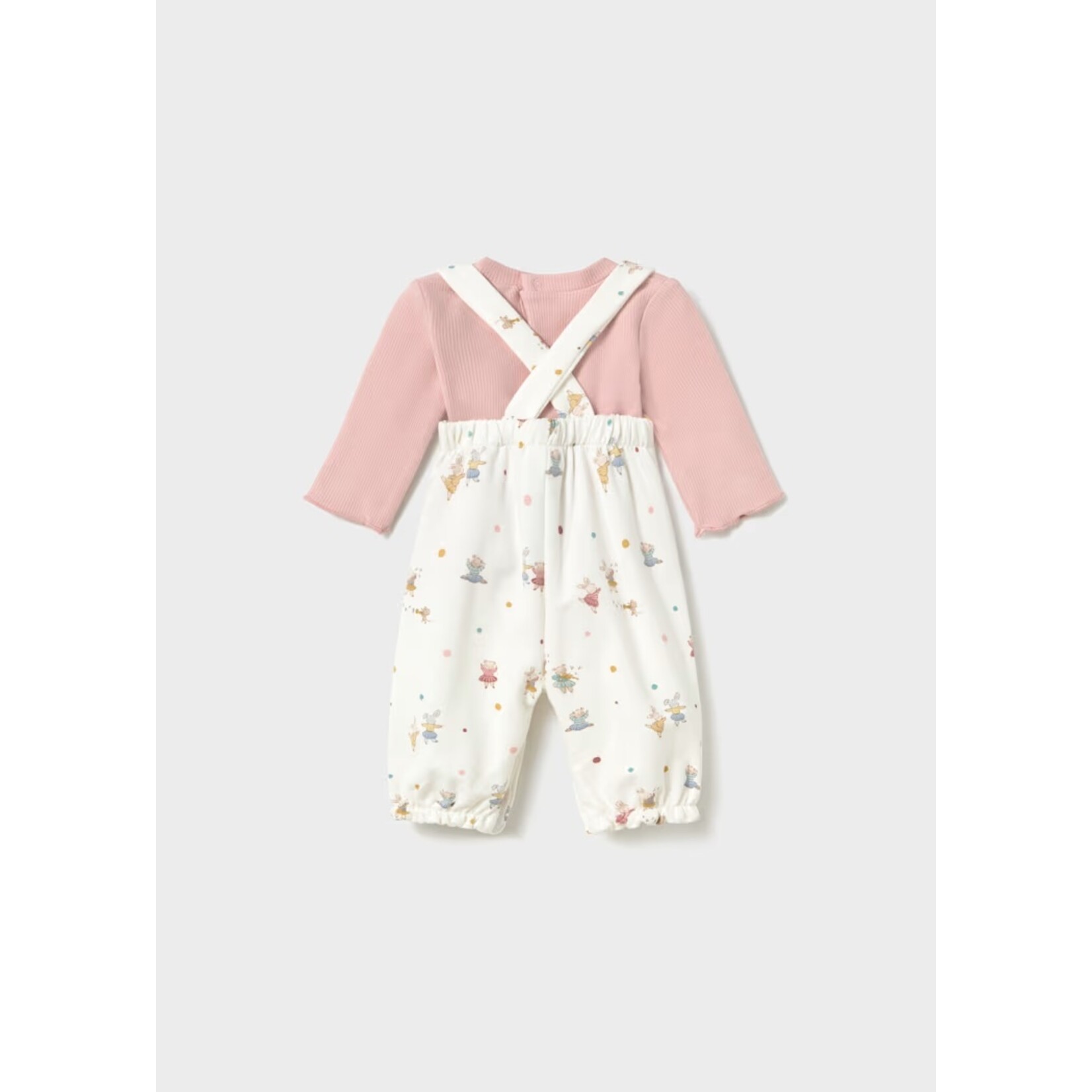 Mayoral MAYORAL - 2-piece set: White overalls with musical animal patterns and a pale pink T-shirt