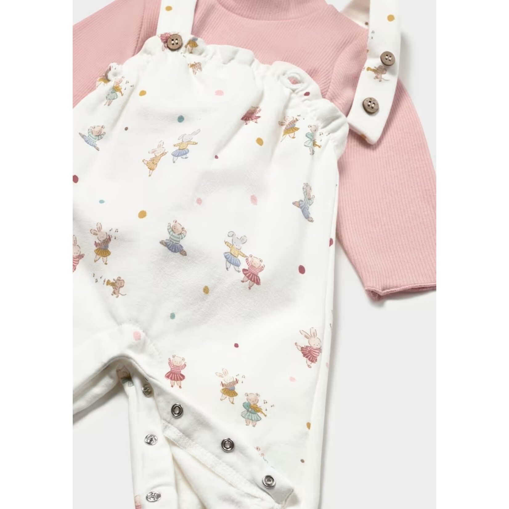 Mayoral MAYORAL - 2-piece set: White overalls with musical animal patterns and a pale pink T-shirt