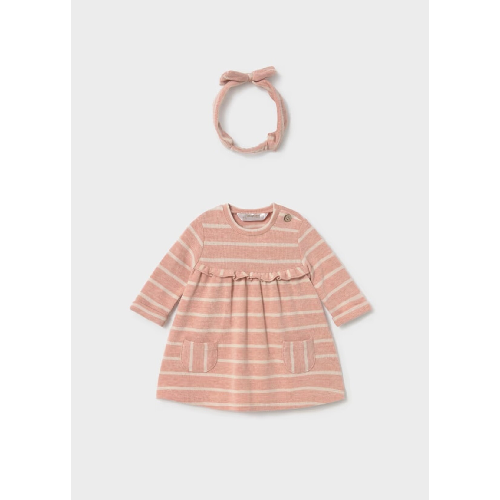 Mayoral MAYORAL - 2-Piece Set - Pink and white striped long-sleeve dress and matching headband