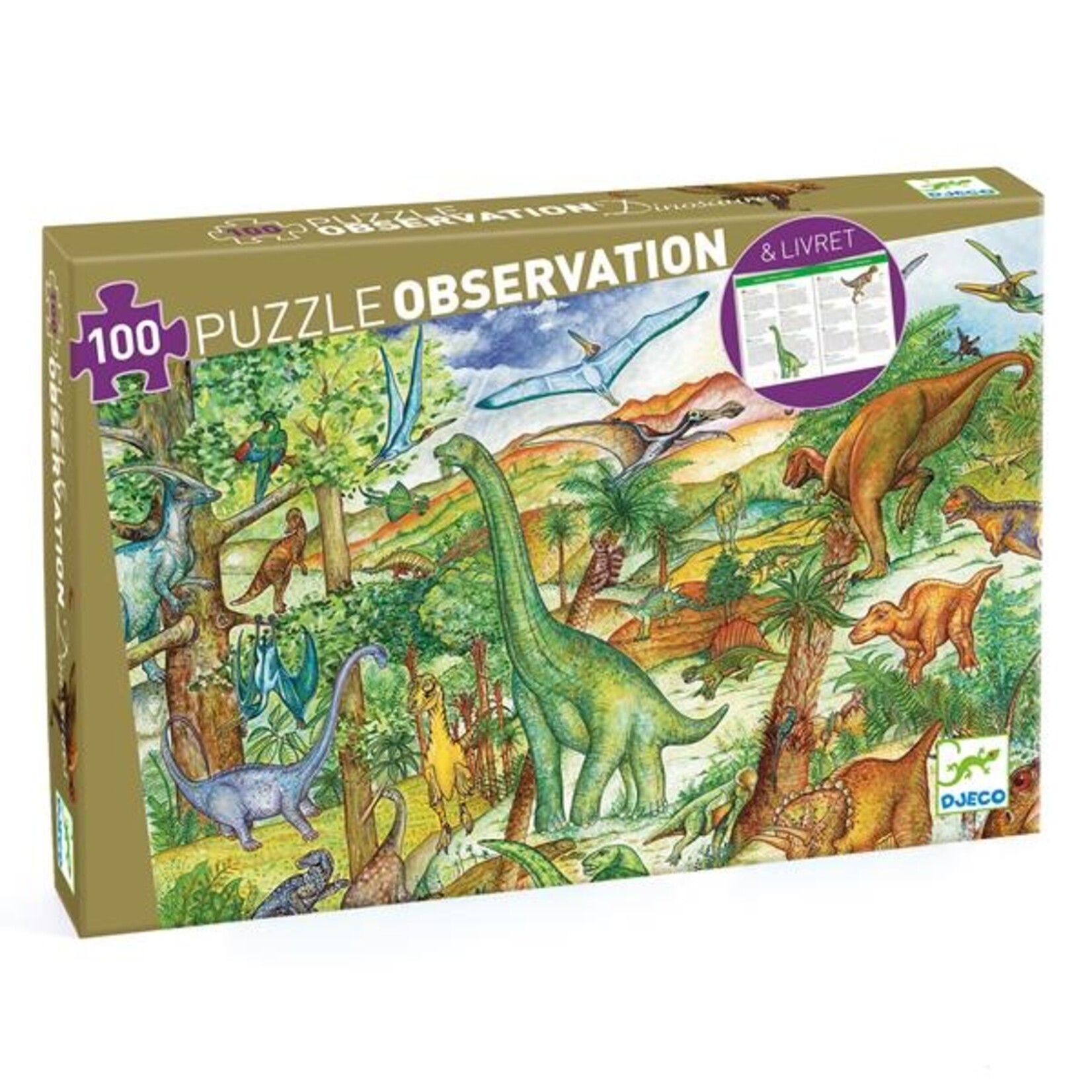 Djeco DJECO - Casse-tête de 100 pièces 'Observation & Livret' - Dinosaures