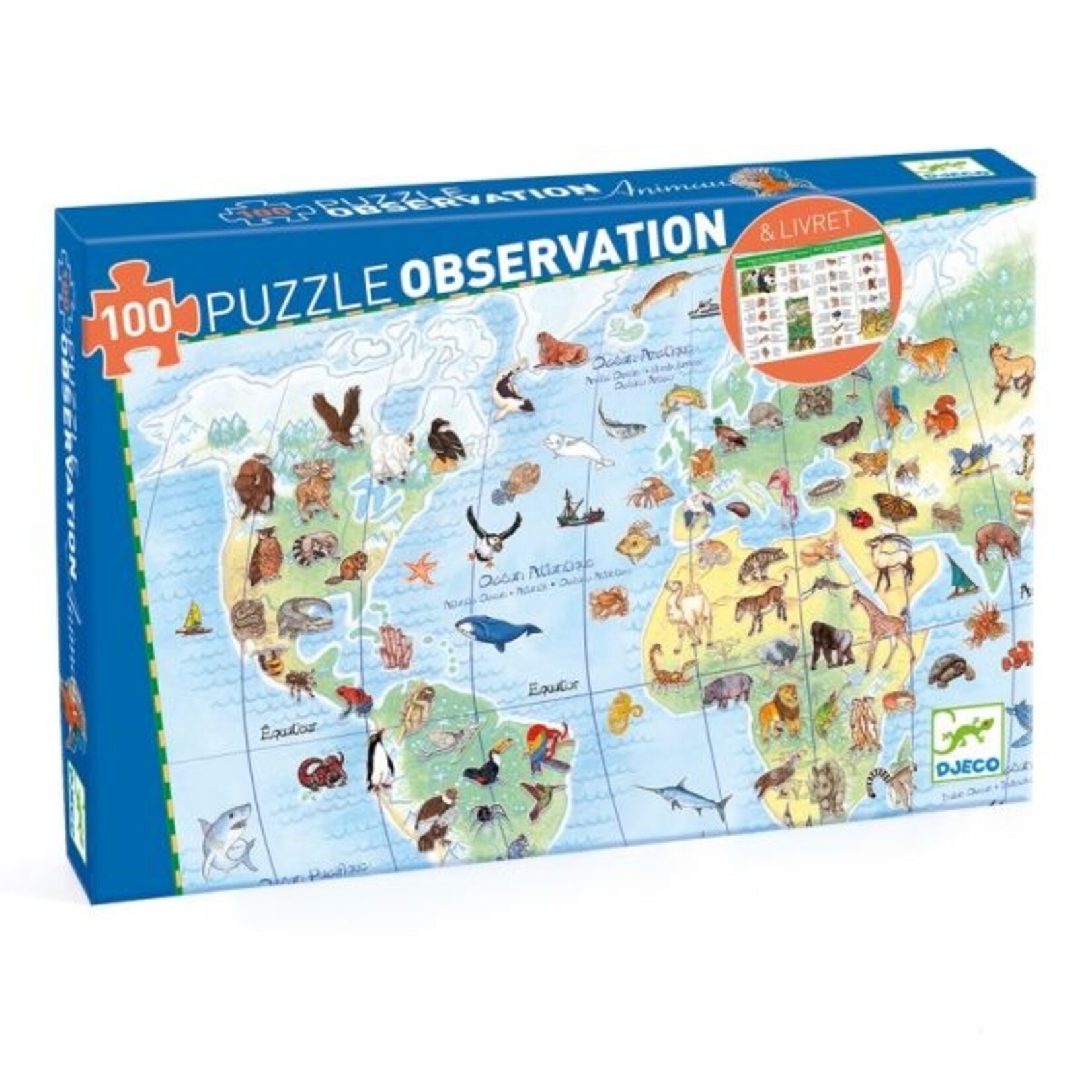 Djeco DJECO - Casse-tête de 100 pièces 'Observation & Livret' - Animaux du monde