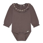 Minymo MINYMO - Brown long-sleeved bodysuit with a pleated collar and embroidery
