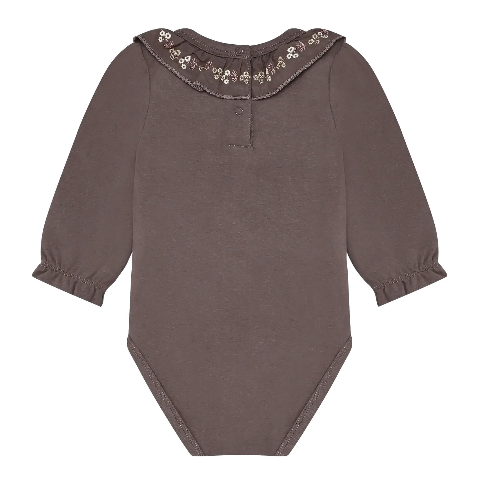 Minymo MINYMO - Brown long-sleeved bodysuit with a pleated collar and embroidery