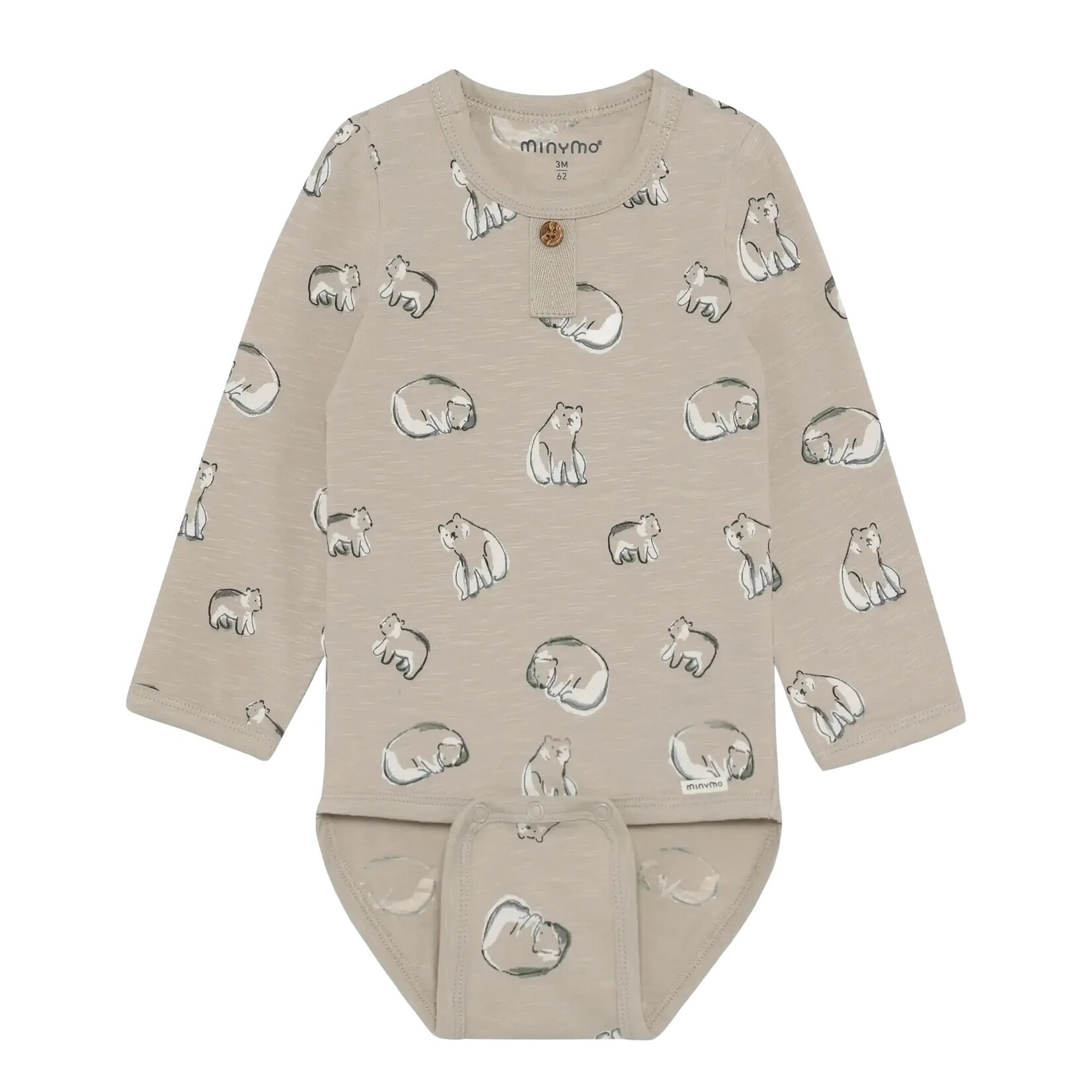 Minymo MINYMO - Long-sleeved heather beige bodysuit with a polar bear print and a henley neckline