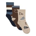 Minymo MINYMO - Set of 3 pairs of socks 'Beige, brown, and blue – Tractors, smiles, and stripes'