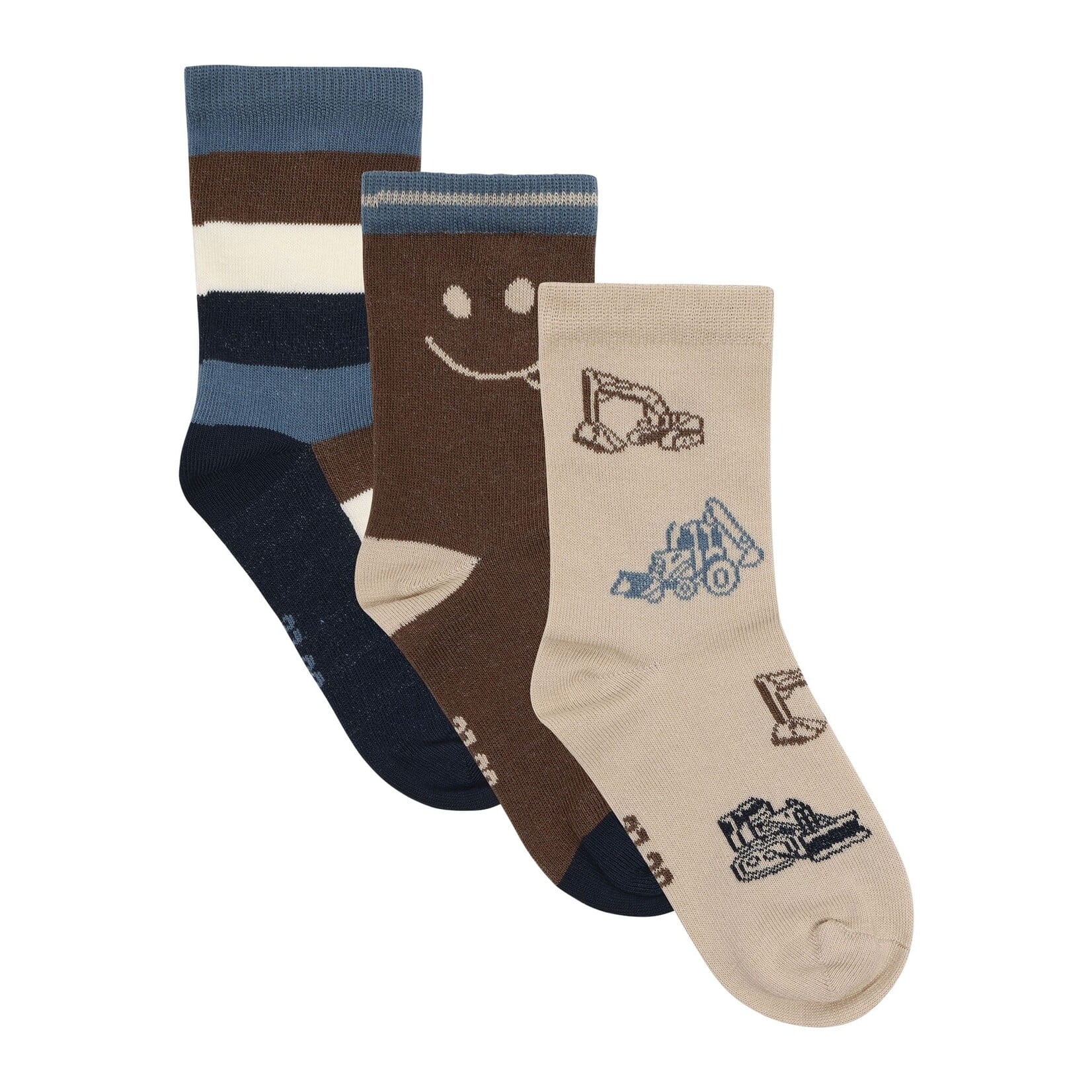 Minymo MINYMO - Set of 3 pairs of socks 'Beige, brown, and blue – Tractors, smiles, and stripes'