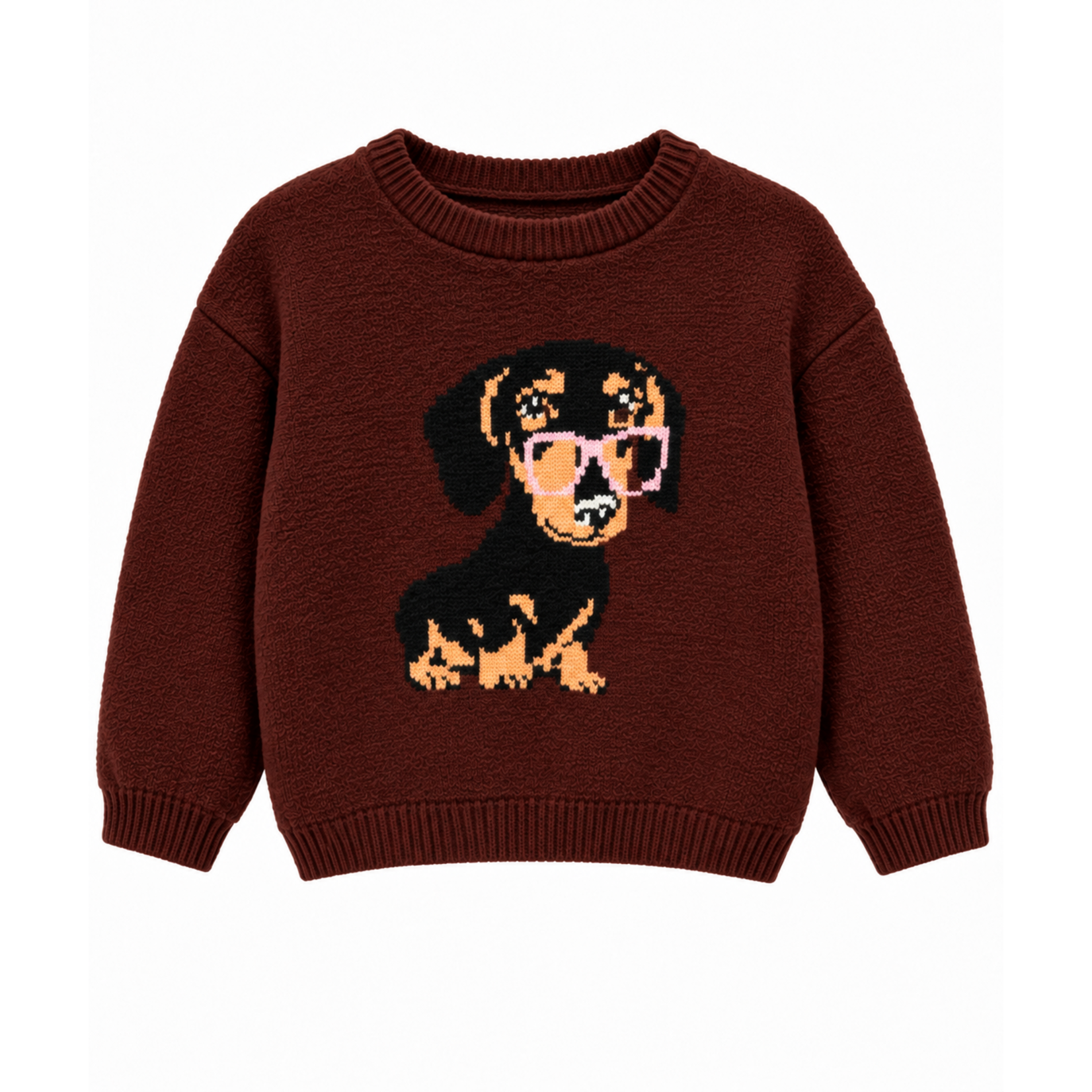 Mandarine & Co. MANDARINE & CO. - Chandail de style tricot léger brun avec motif de chien Teckel à lunettes