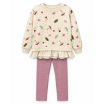 Mandarine & Co. MANDARINE & CO. - Cream long-sleeved T-shirt set with a leaf and mushroom print, paired with mauve-pink leggings
