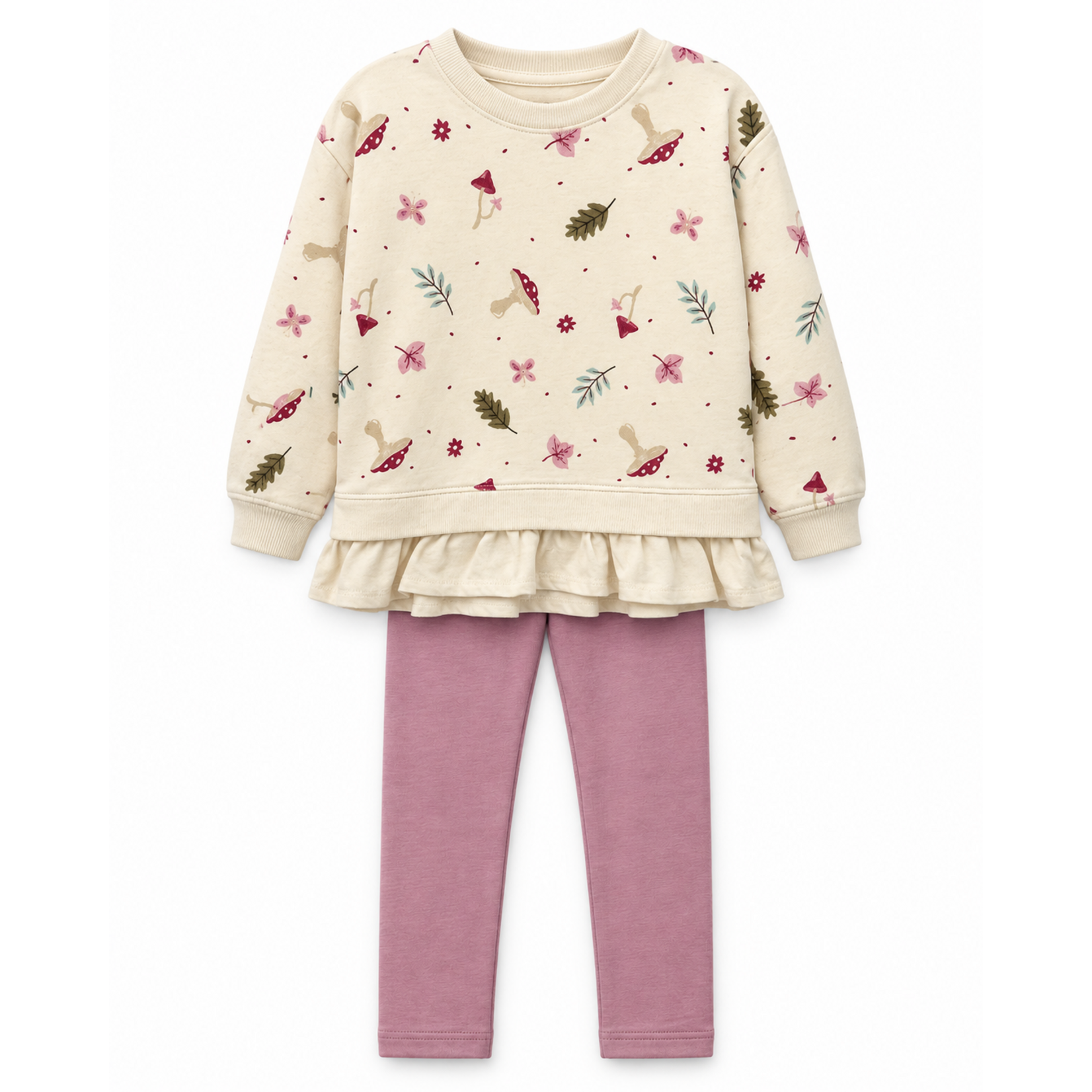 Mandarine & Co. MANDARINE & CO. - Cream long-sleeved T-shirt set with a leaf and mushroom print, paired with mauve-pink leggings