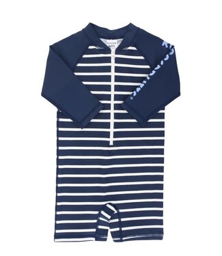 RuffleButts + RuggedButts Navy Stripe Rash Guard Bodysuit