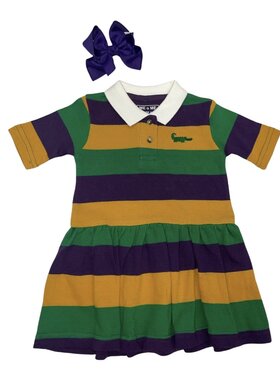 MeMes Mardi Gras White Collared Drop Waist Striped Dress