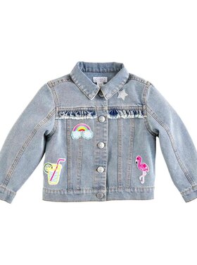 MudPie Denim Ruffle Jacket w/ Patches