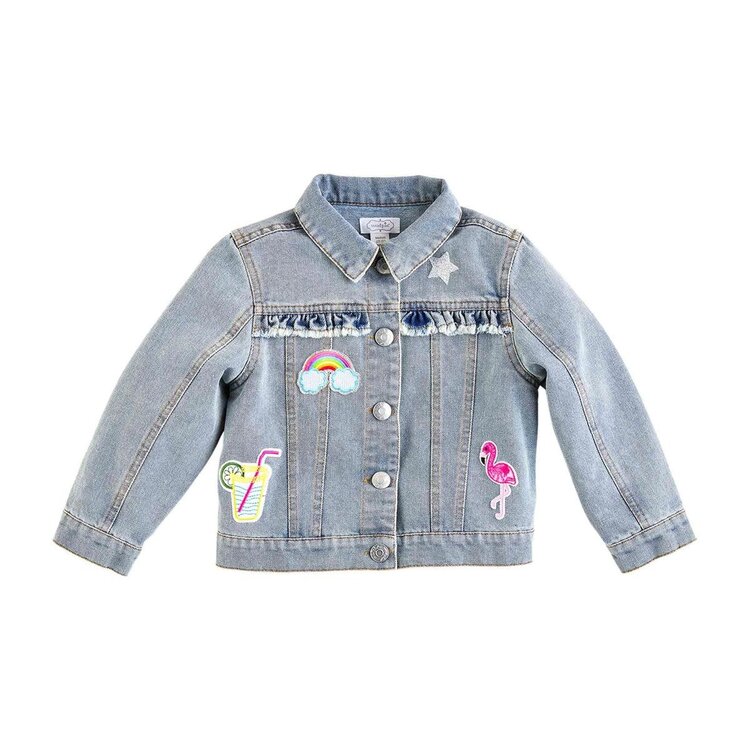 MudPie Denim Ruffle Jacket w/ Patches