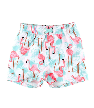 RuffleButts + RuggedButts Vibrant Flamingo Swim Trunks