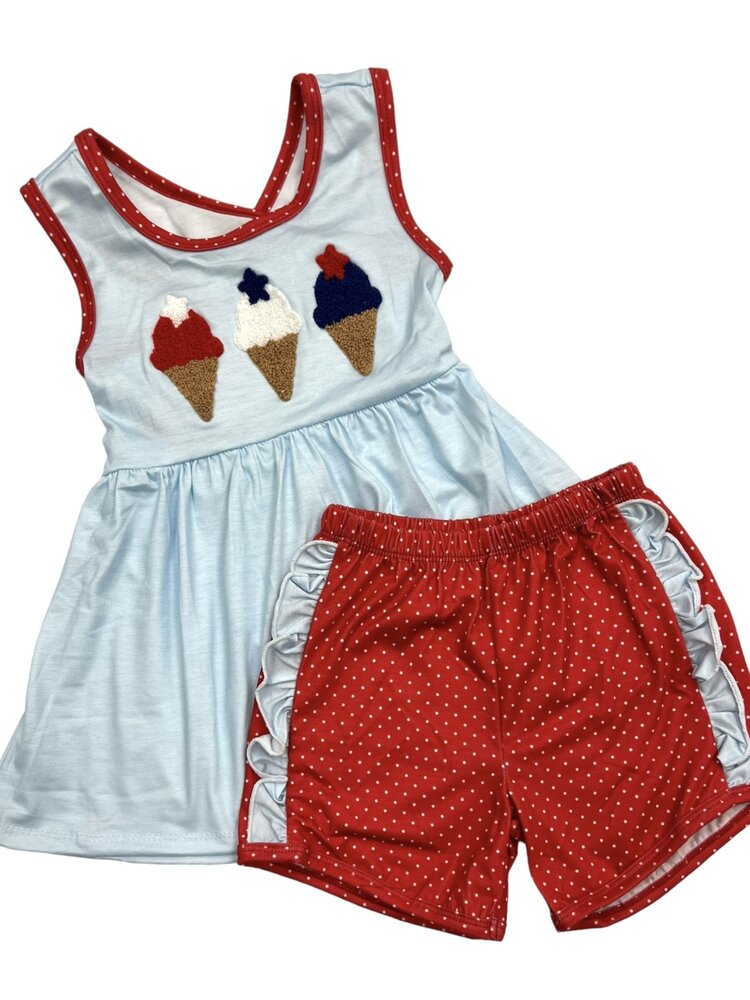 Sweet Southern Oaks French Knot Patriotic Ice Cream Girl Short Set