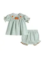 Lil Cactus Sage Green Plaid Pumpkin Smocked Top and Bloomer Set