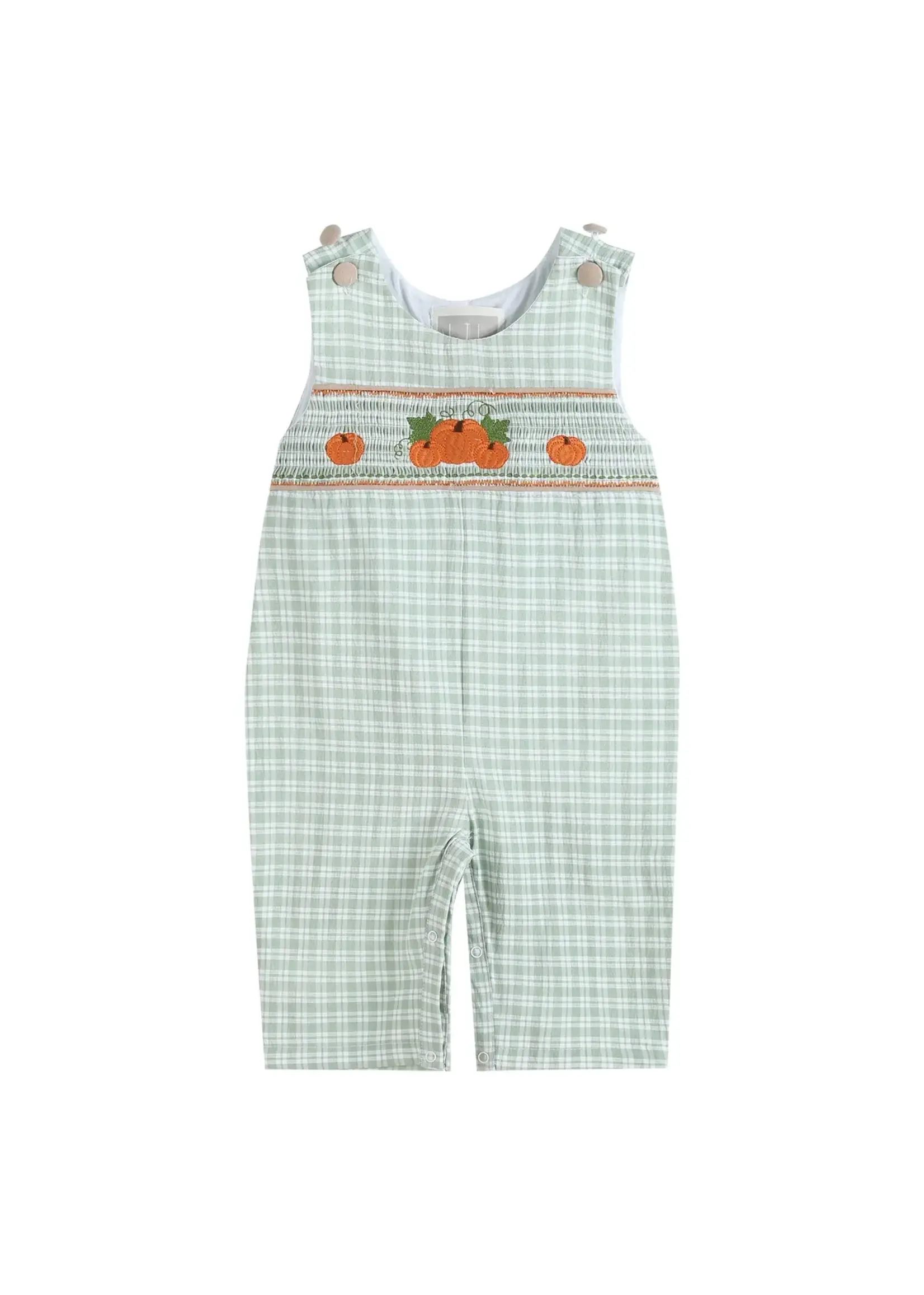 Lil Cactus Sage Green Plaid Pumpkin Smocked Overalls