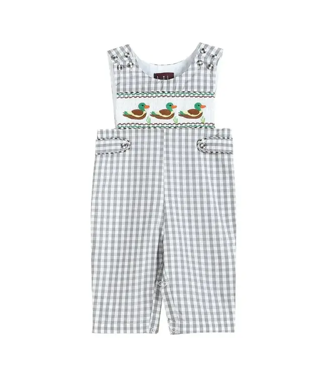 Grey Gingham Mallard Smocked Overalls