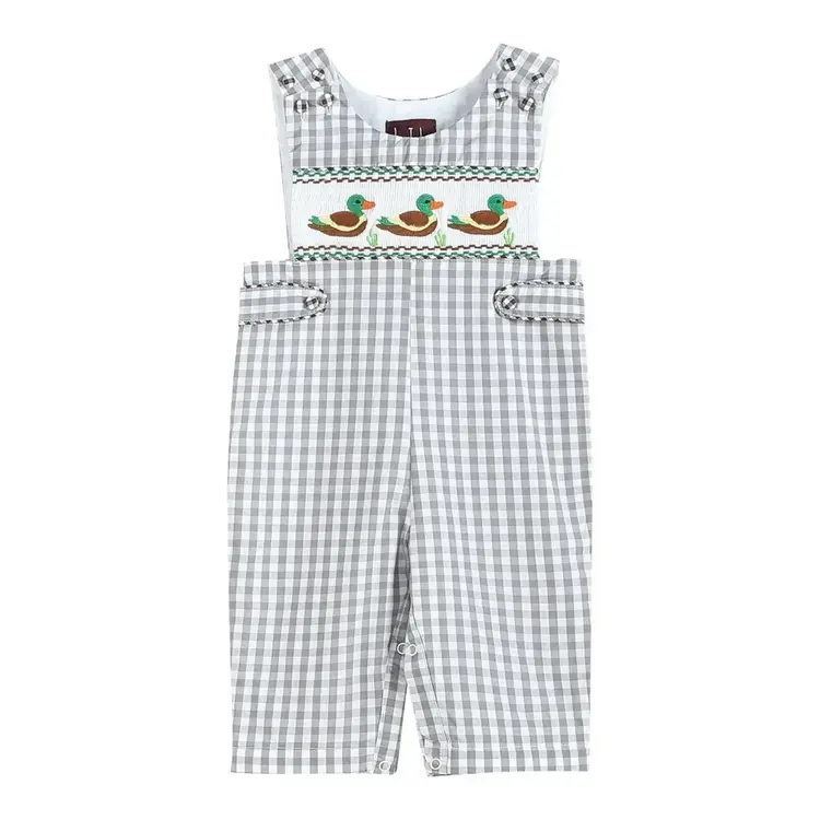 Lil Cactus Grey Gingham Mallard Smocked Overalls