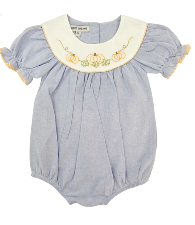 Chambray Embroidered Pumpkin Girl Bubble