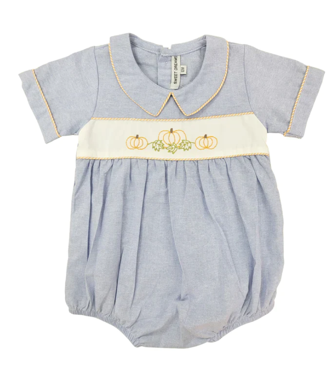 Chambray Embroidered Pumpkin Boy Bubble