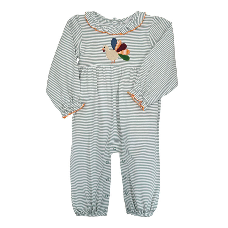 Ishtex Sage Stripe Turkey Applique Girls Romper