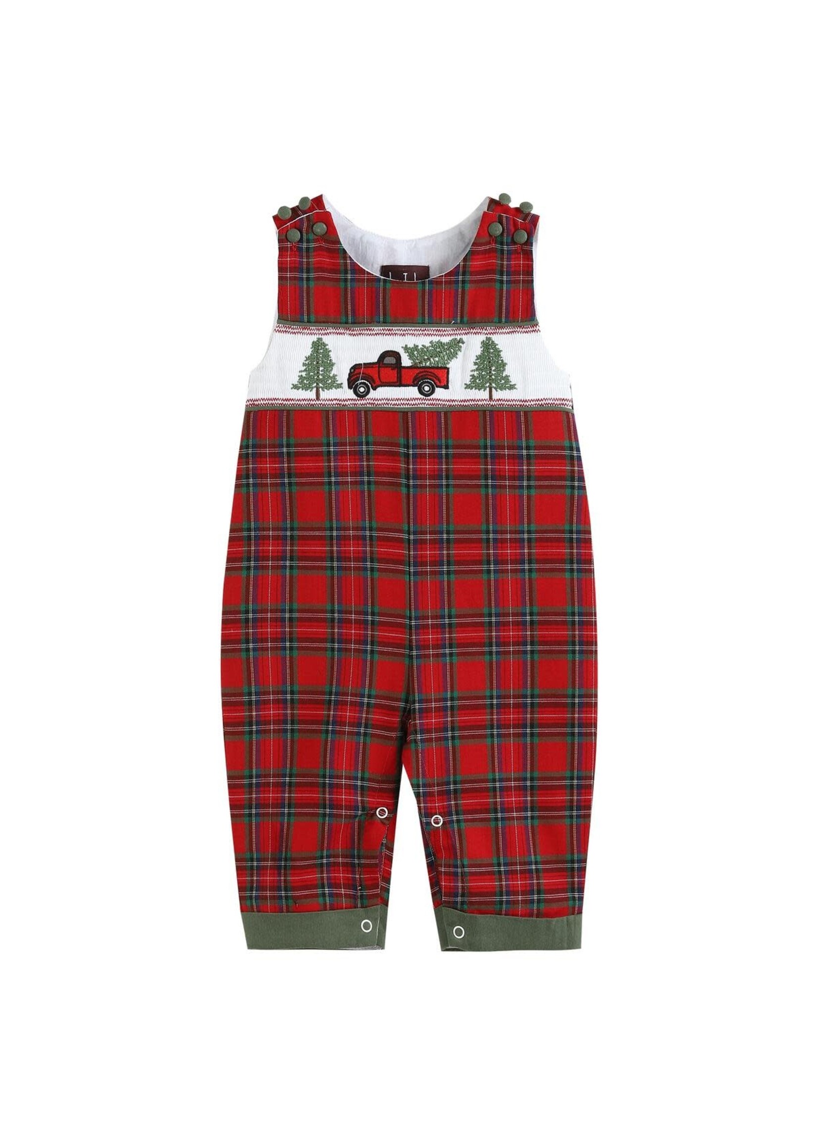 Lil Cactus Red Plaid Truck & Tee Smocked Overalls
