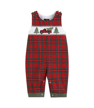 Lil Cactus Red Plaid Truck & Tee Smocked Overalls