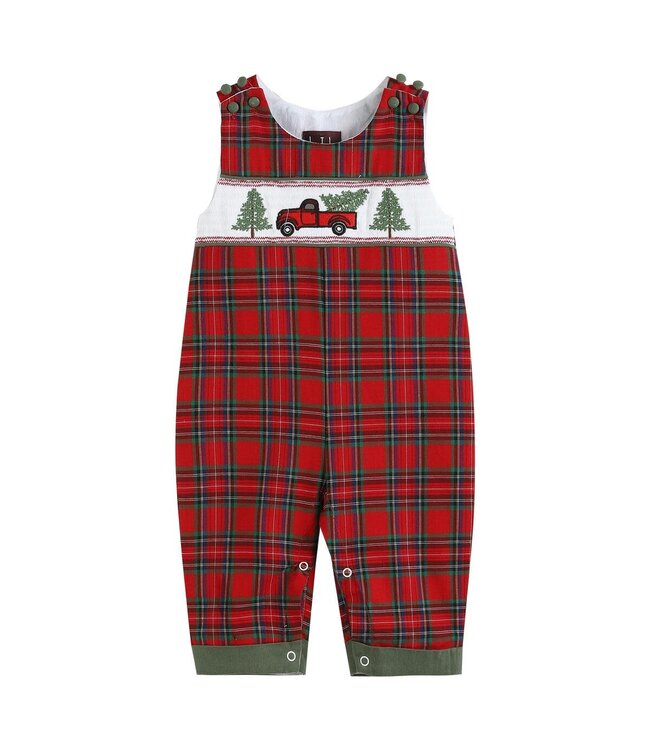 Red Plaid Truck & Tee Smocked Overalls