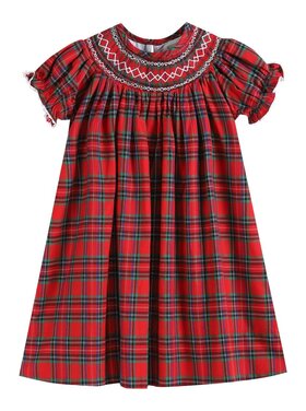 Lil Cactus Red Christmas Plaid Smocked Bishop Dress