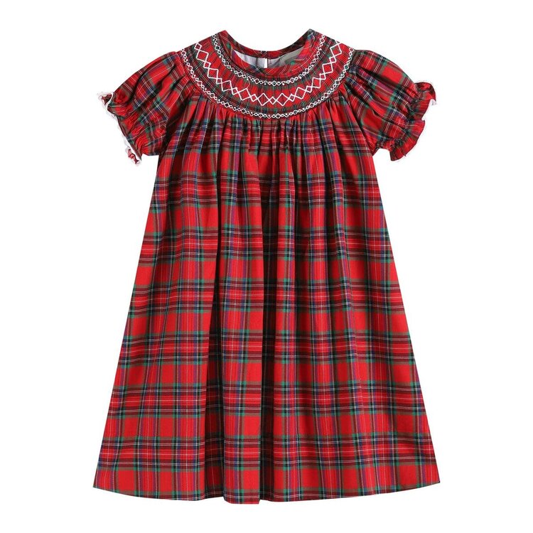Lil Cactus Red Christmas Plaid Smocked Bishop Dress