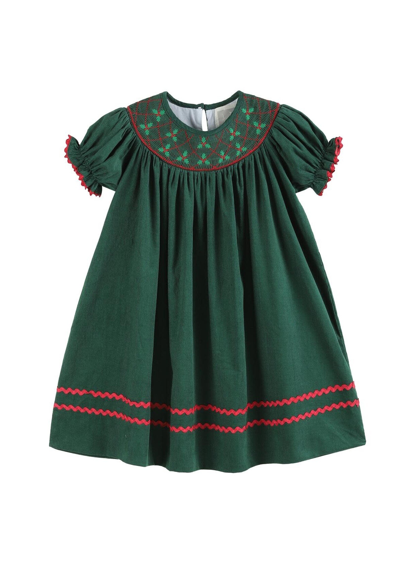 Lil Cactus Green Christmas Mistletoe Smocked Bishop Dress