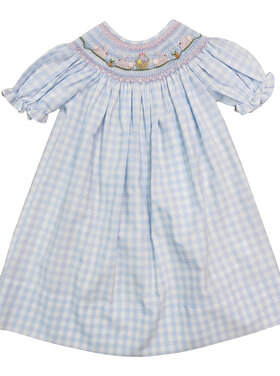 Sweet Dreams Bunny & Basket Blue Gingham Smocked Dress