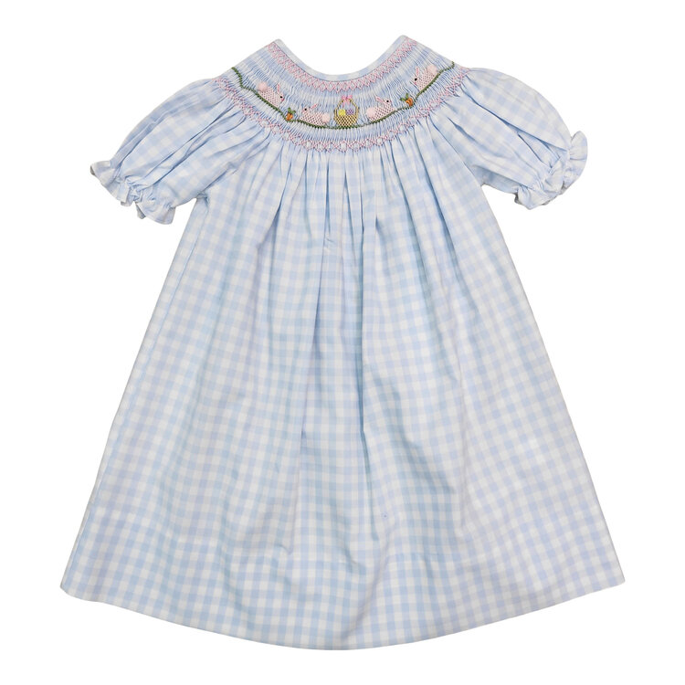 Sweet Dreams Bunny & Basket Blue Gingham Smocked Dress