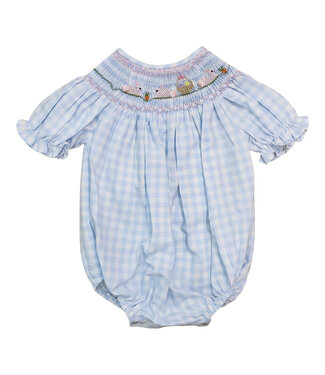 Sweet Dreams Bunny & Basket Blue Gingham Smocked Bubble