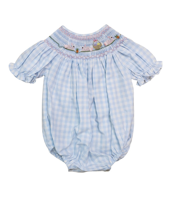 Bunny & Basket Blue Gingham Smocked Bubble