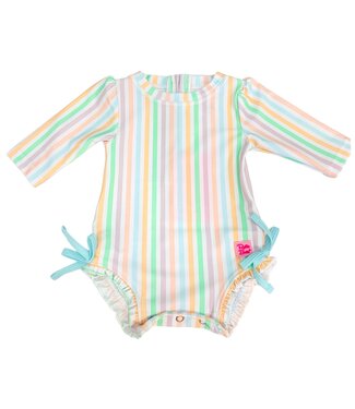 RuffleButts + RuggedButts Pale Rainbow Stripe LS One Piece Rash Guard