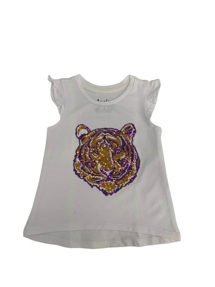 Azarhia Purple Game Day Tiger Face Ruffle Shirt