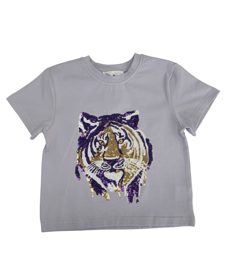 Belle Cher Lavender Tiger Face Sequin Shirt
