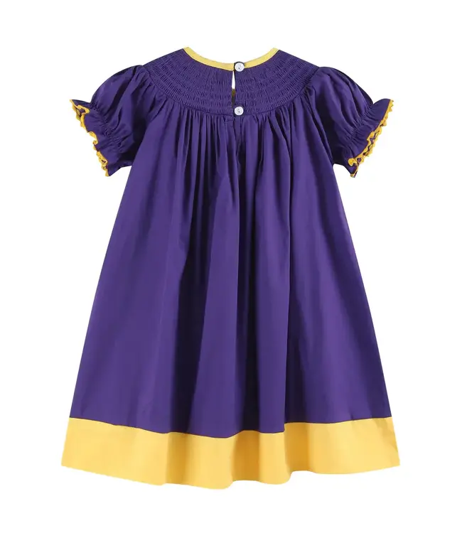 Purple Gold Football Smocked Bishop Dress